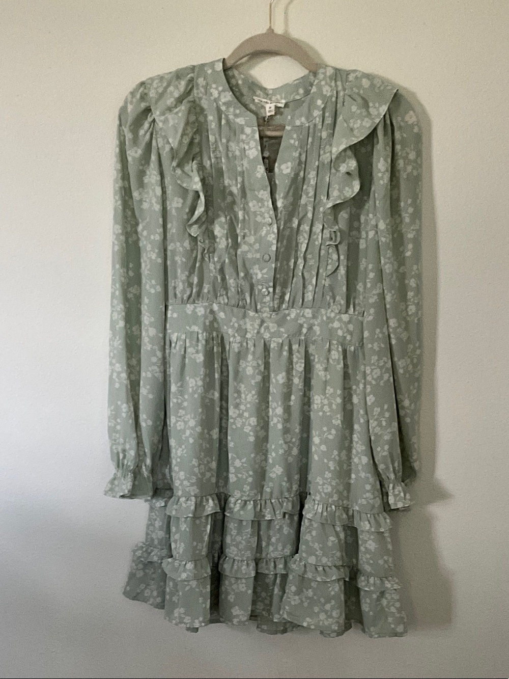 Anthro By the River Light Sage Floral Ruffle Mini Dress long sleeve fall M NWT